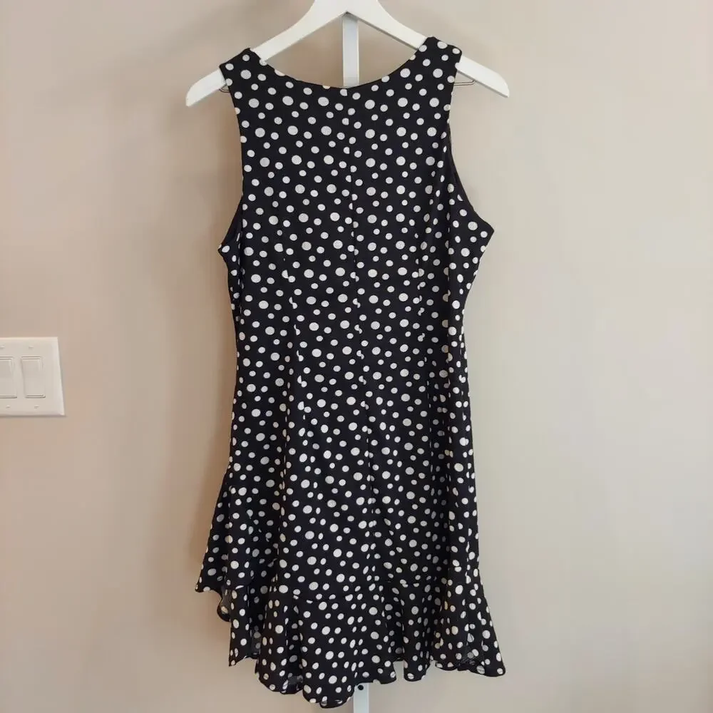 Signature Robbie‎ Bee Dress Medium Black White Polka Dot Sleeveless Ruffle Hem